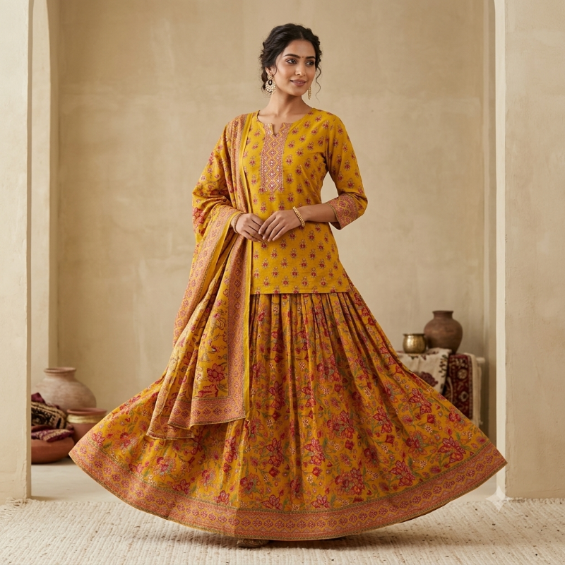 Mustard Yellow Floral Printed Short Kurti with Flared Skirt & Dupatta Set