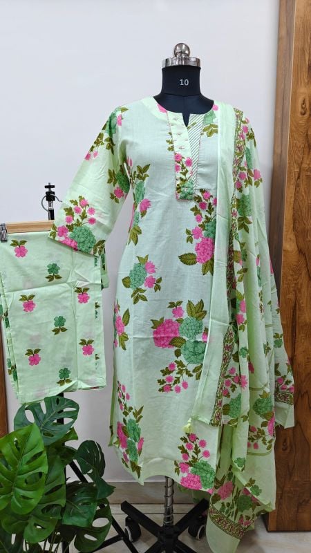 Light green Floral Block Print 3-Piece Kurta Set