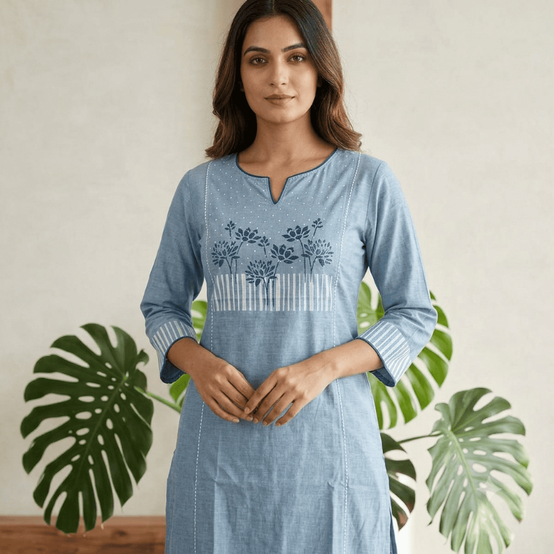 Anvita Powder Blue Floral & Striped Kurta & Pant Set (2-Piece)