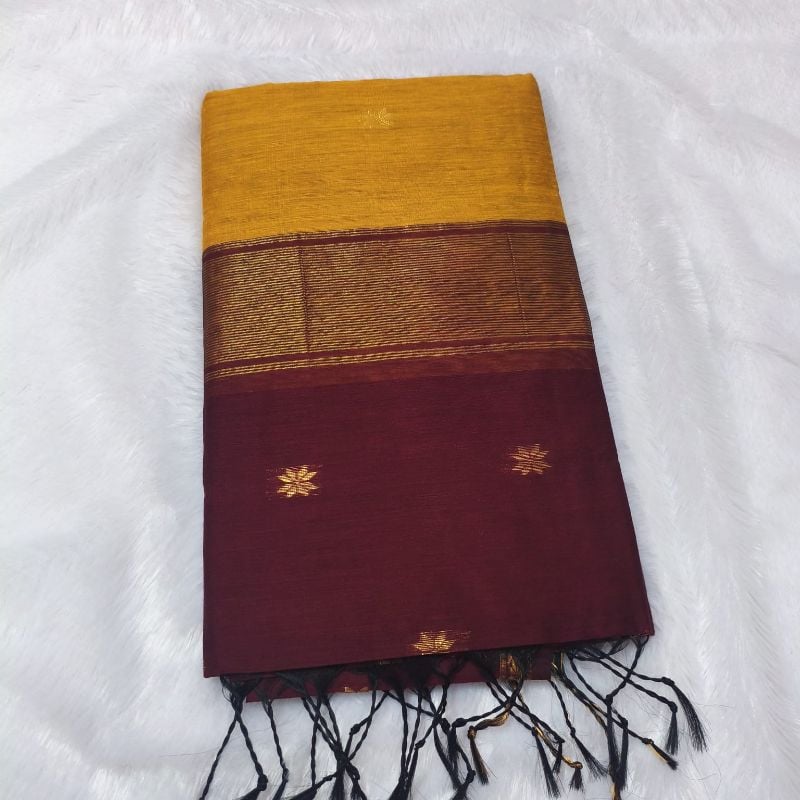 Semi Maheshwari Cotton Saree –Mustard Yellow  & wine