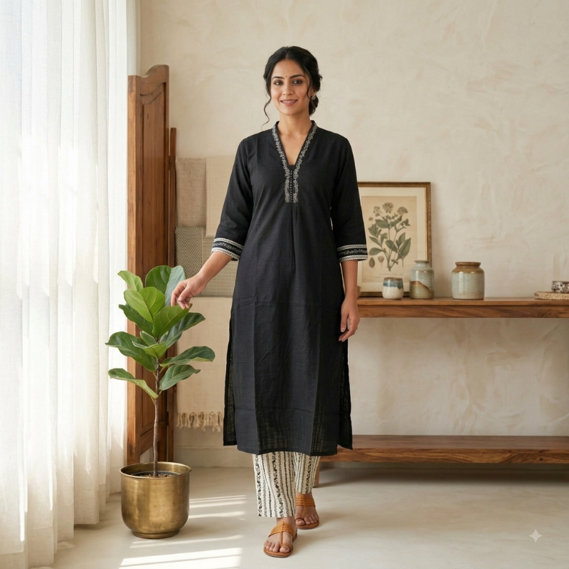 Anvita brand Embroidered Black & Off-White 2-Piece Kurta Set