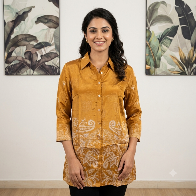 Mustard Gold Printed Silk Blend Shirt Tunic / Top