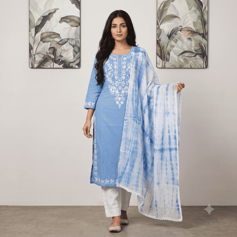 Sky Blue Chikankari Hand-Embroidered 3-Piece Kurta Set with Tie-Dye Dupatta