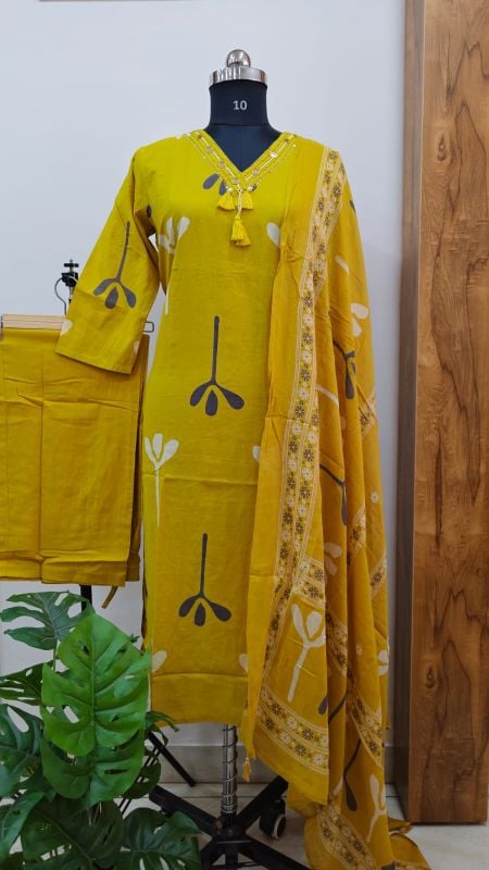 vibrant mustard-yellow 3-piece Indian ethnic suit set