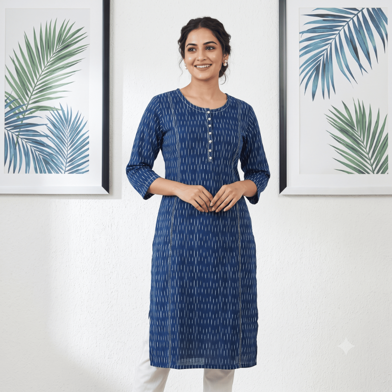 Anvita Indigo Blue Ikat Printed Pure Cotton Kurti / Long Top