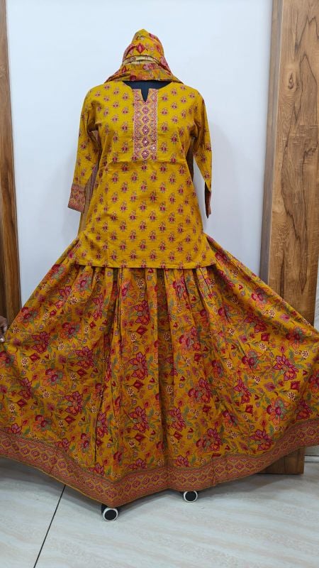 Mustard Yellow Floral Printed Short Kurti with Flared Skirt & Dupatta Set