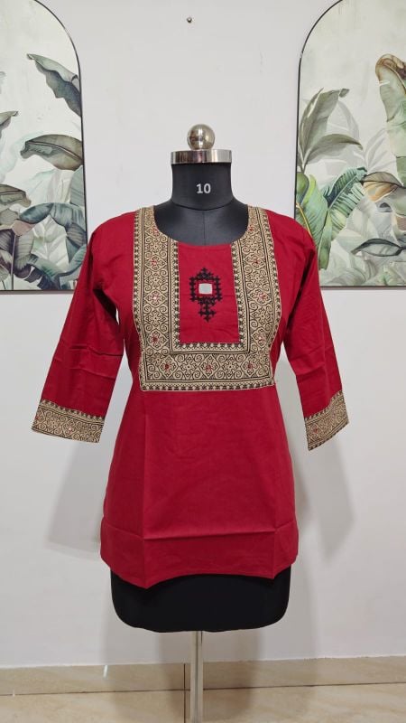 Maroon Printed Yoke Short Kurti