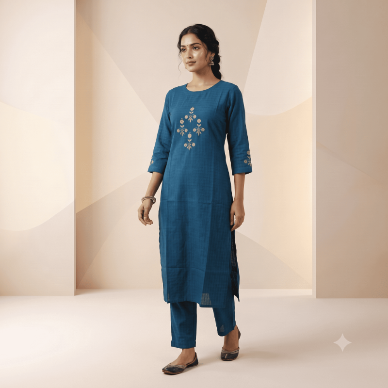 Anvita Teal Blue Floral Embroidered Straight Kurta