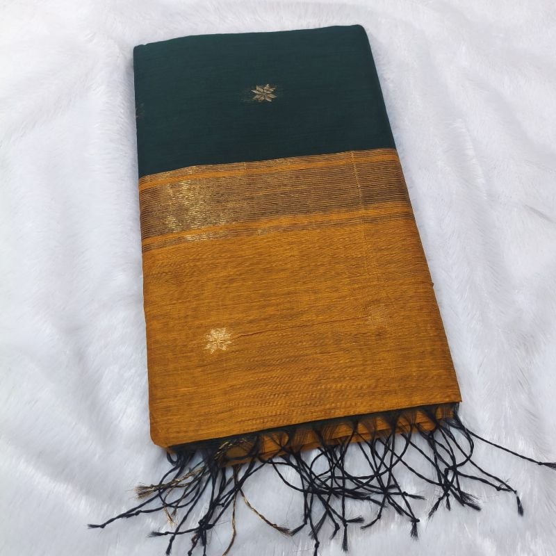 Semi Maheshwari Cotton Saree – Bottle Green & Mustard Yellow