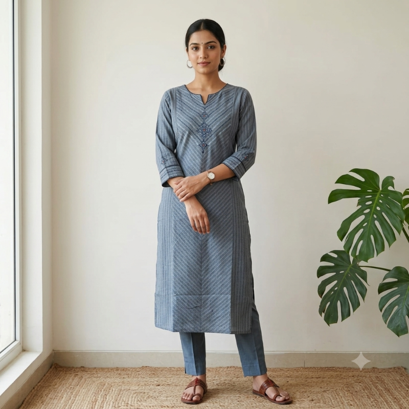 Anvita Steel Blue Chevron-Patterned Cotton Straight Kurti