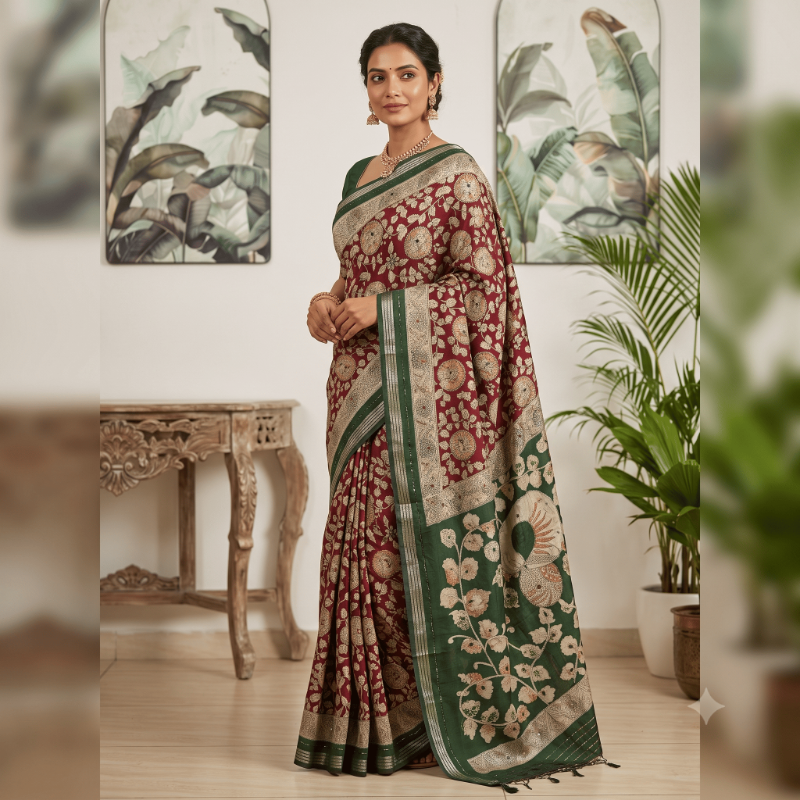 Kalamkari Viscose Maroon Cotton Sarees