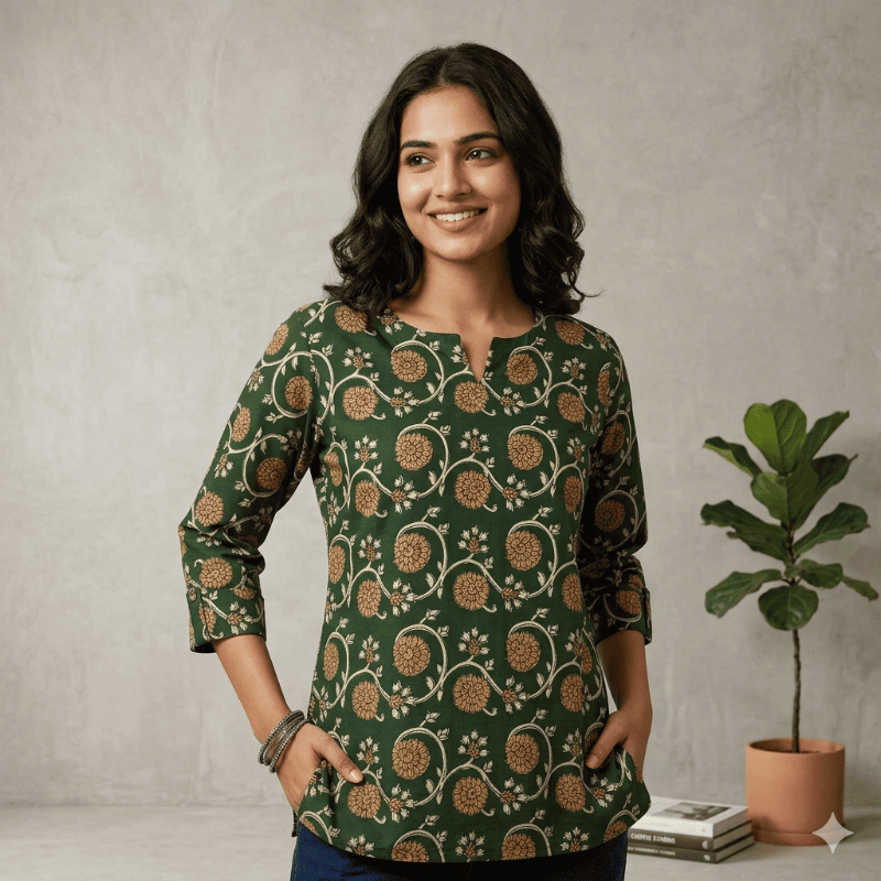 Floral Printed Green Short Kurti / Top