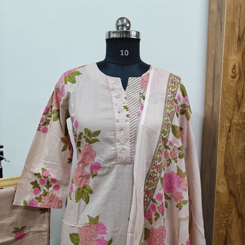 Blush Pink Floral Block Print 3-Piece Kurta Set