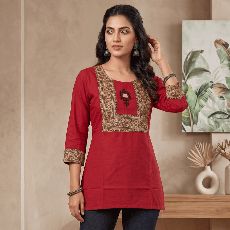 Maroon Printed Yoke Short Kurti