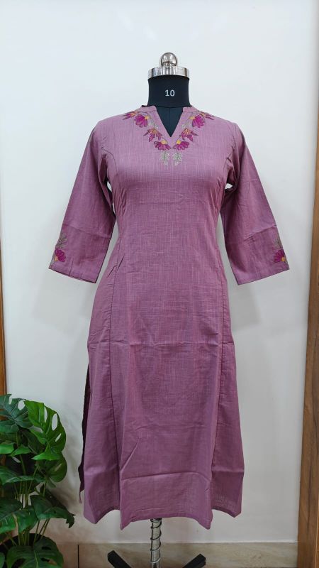 Anvita Mauve Cotton Kurti with Floral Embroidery