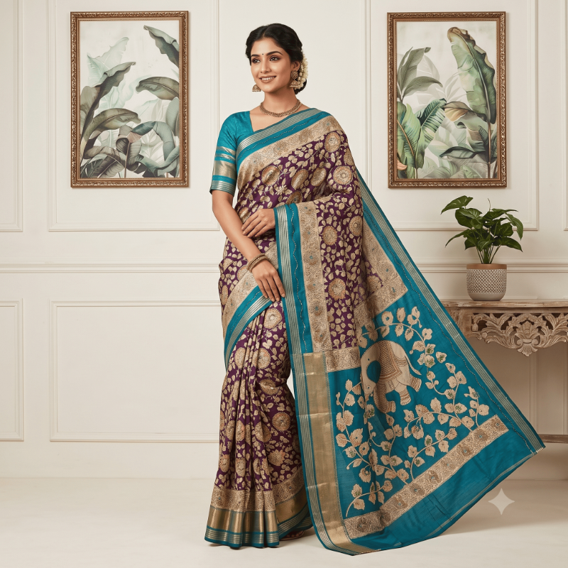 Kalamkari Viscose Royal Purple Cotton Sarees