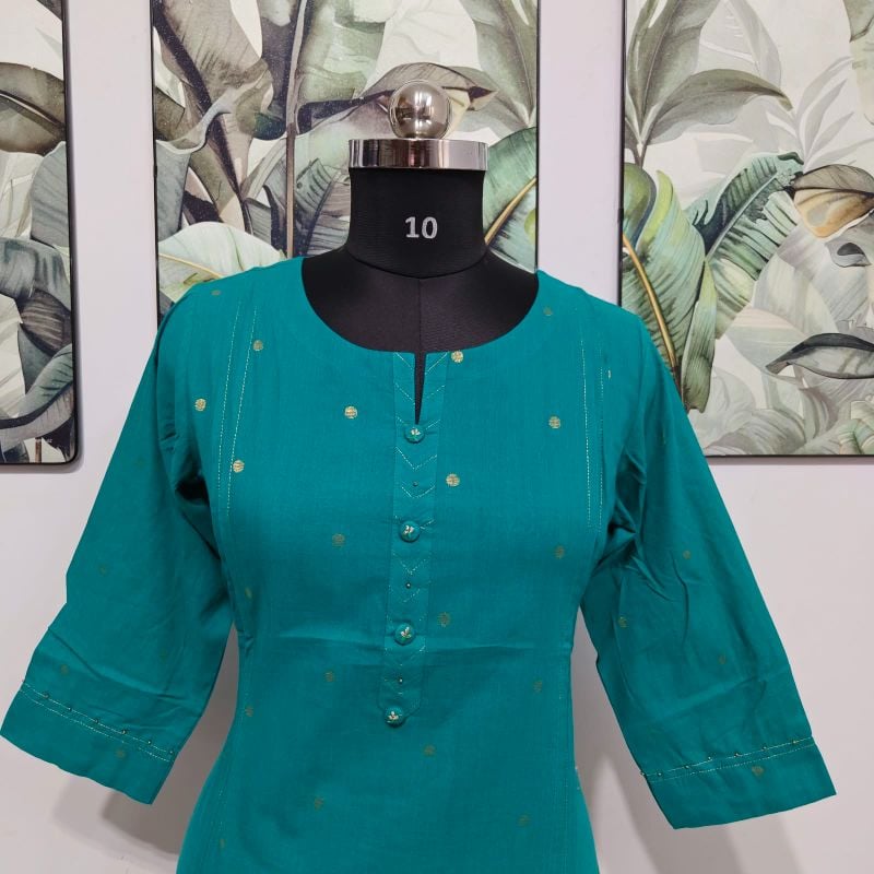 Anvita Teal Green Cotton Kurta with Golden Zari Butas