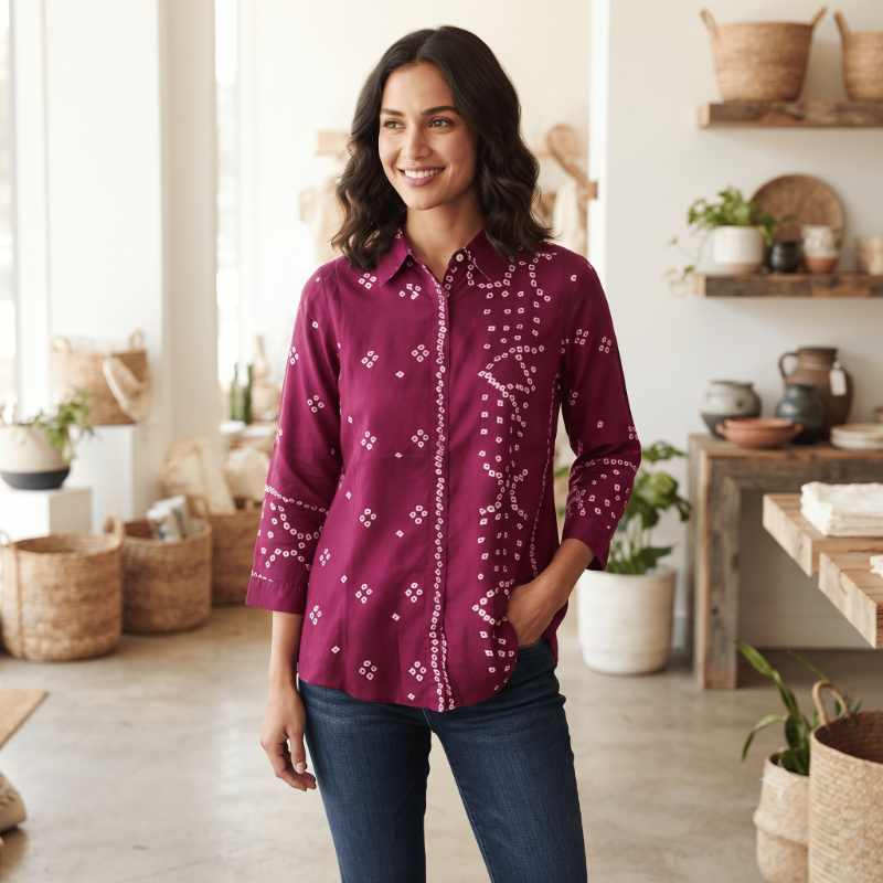 Rich Magenta Bandhani-Print Crepe Top