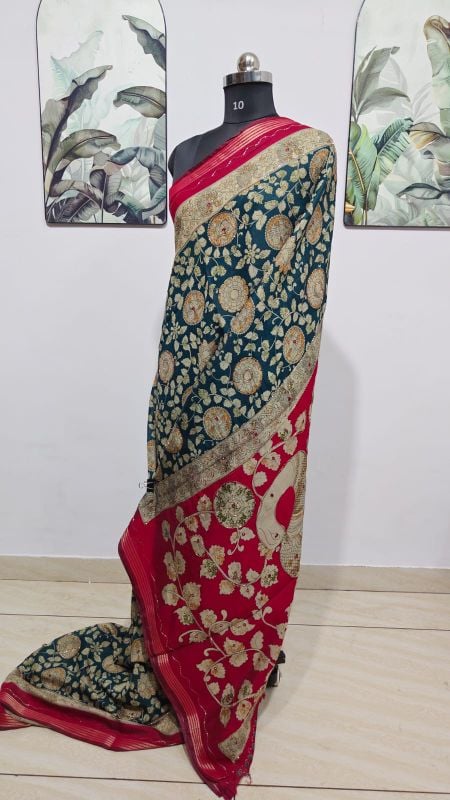 Kalamkari Viscose Teal Blue Cotton Sarees