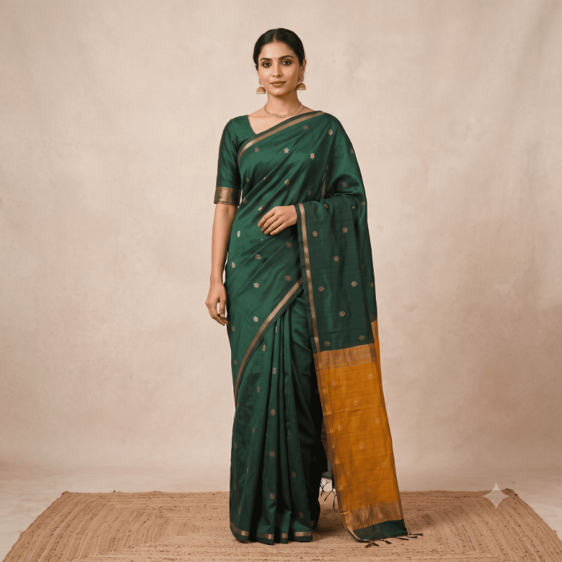 Semi Maheshwari Cotton Saree – Bottle Green & Mustard Yellow