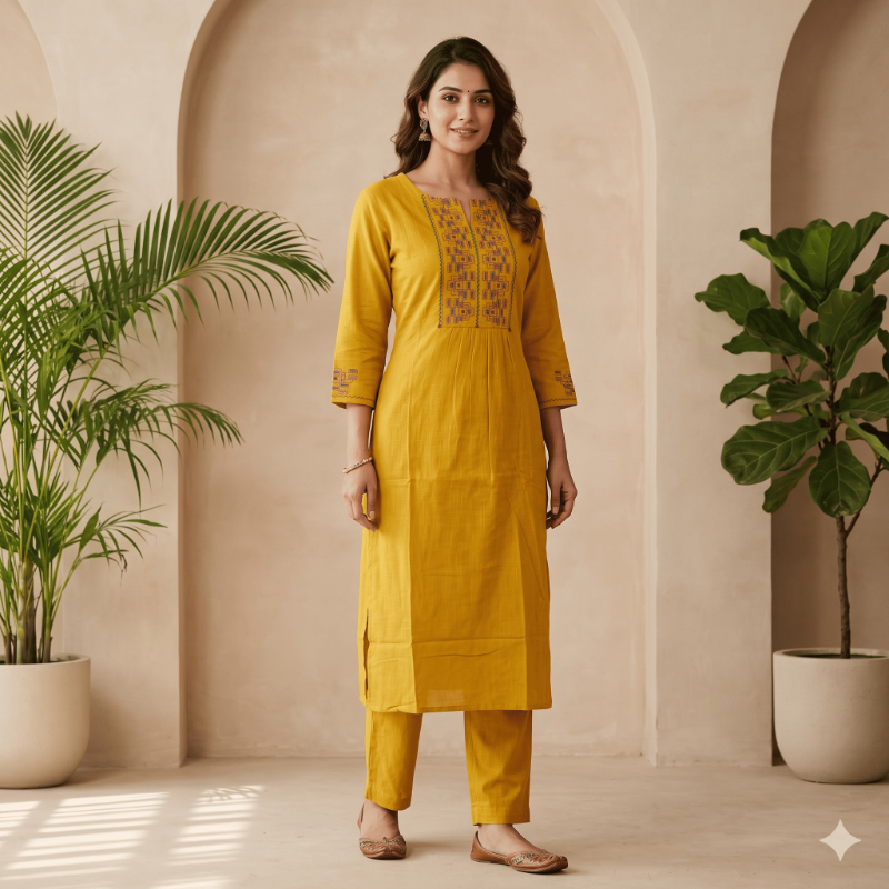 ANVITA Mustard Yellow Embroidered Straight fit 2 Piece kurta Set