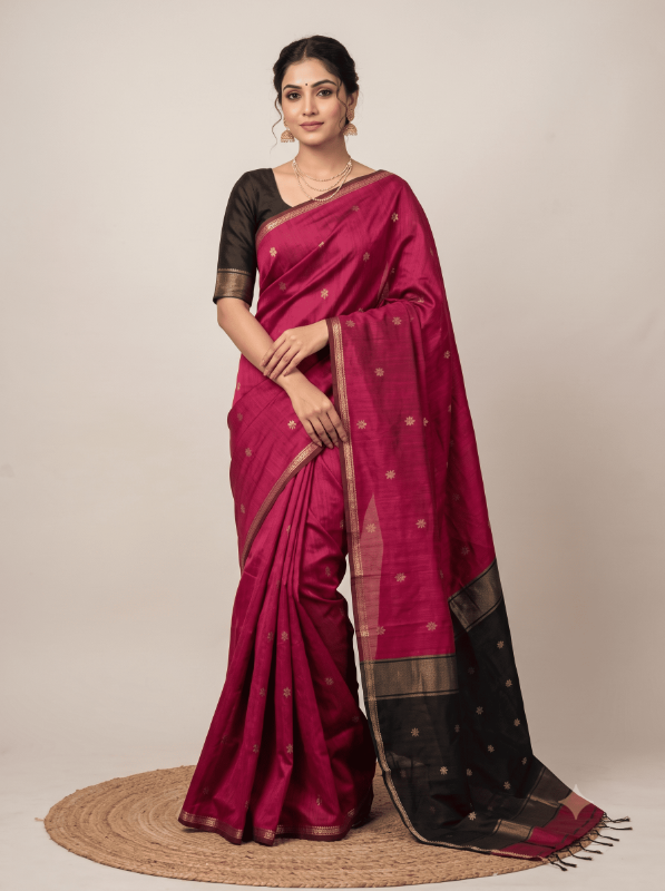 Semi Maheshwari Cotton Saree – Magenta Pink & Balck