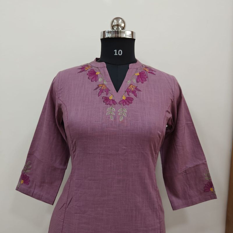 Anvita Mauve Cotton Kurti with Floral Embroidery