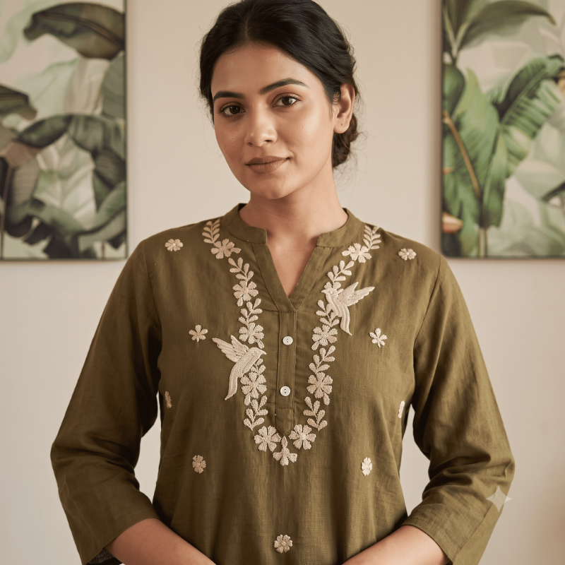 Olive Green Bird & Floral Embroidered Short Kurti