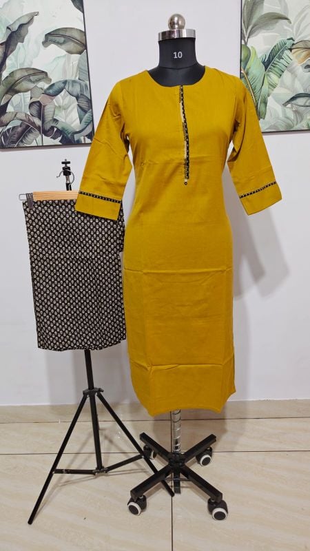 Anvita Vibrant Mustard green & Black Printed 2-Piece Kurti Set