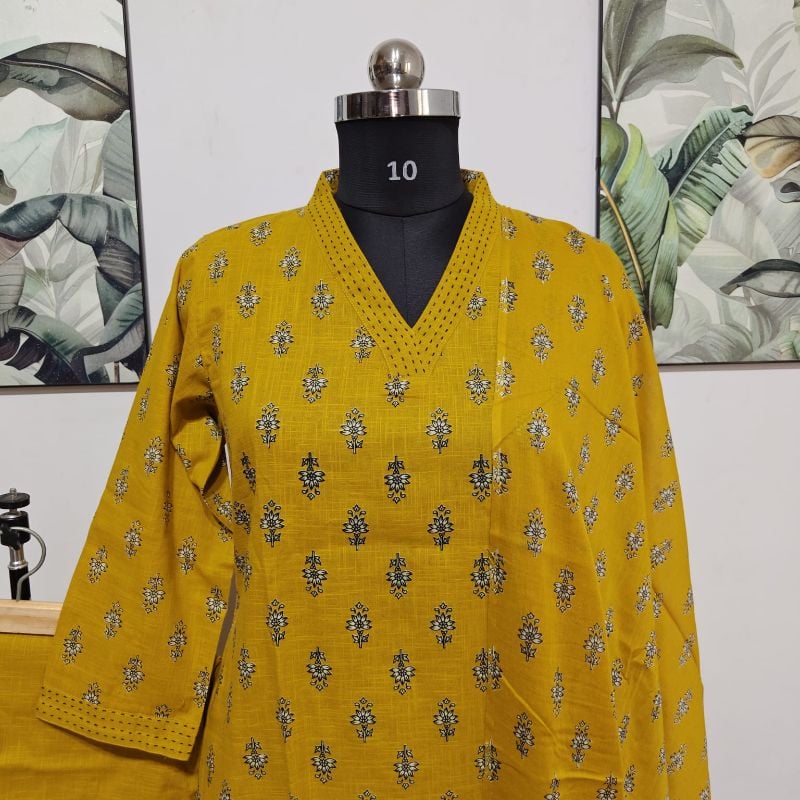 Mustard Yellow Block-Printed Cotton Kurti Set with Dupatta