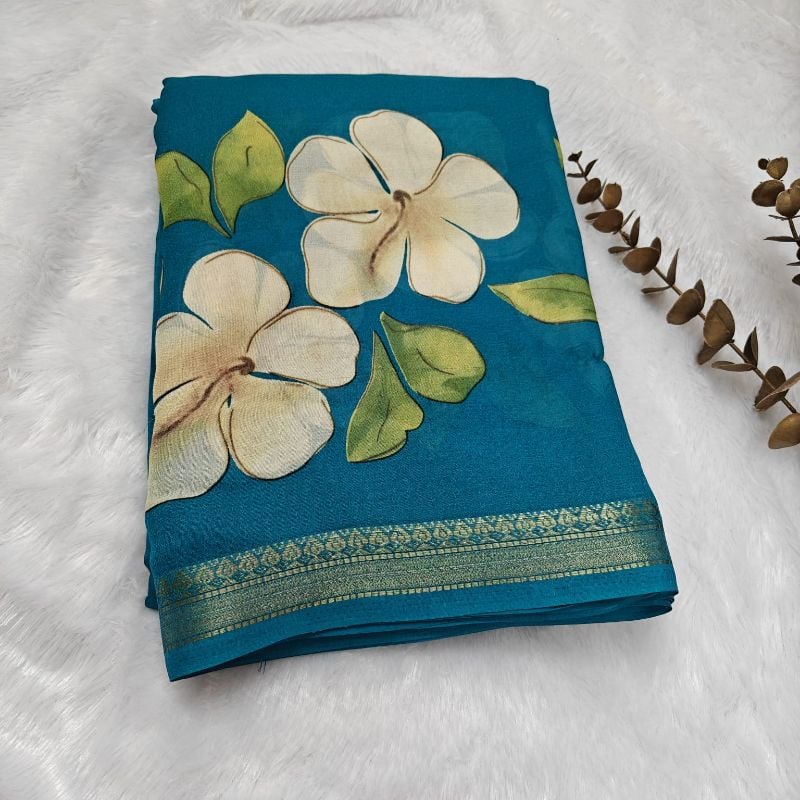 Elegant sky blue Floral Chiffon Saree with Zari Border