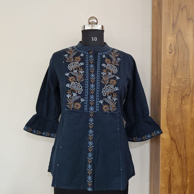 Elegant Navy Blue Embroidered Short Kurti