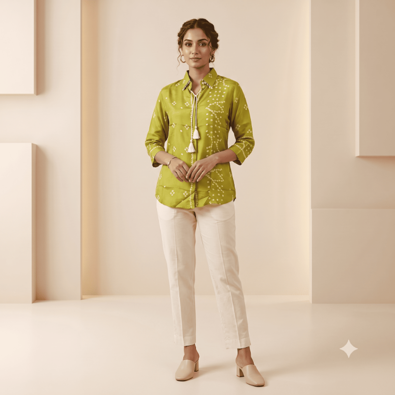 Green Bandhani-Print Crepe Top