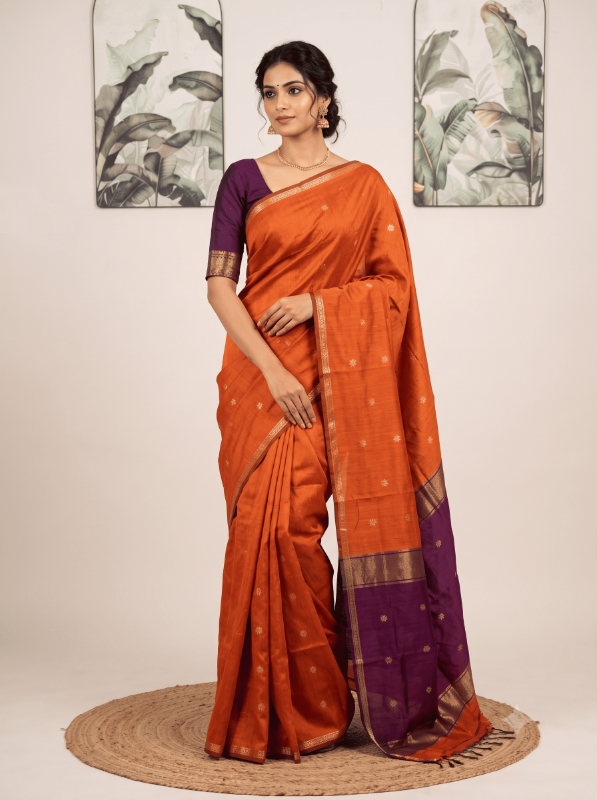 Semi Maheshwari Cotton Saree – Orange & Purple