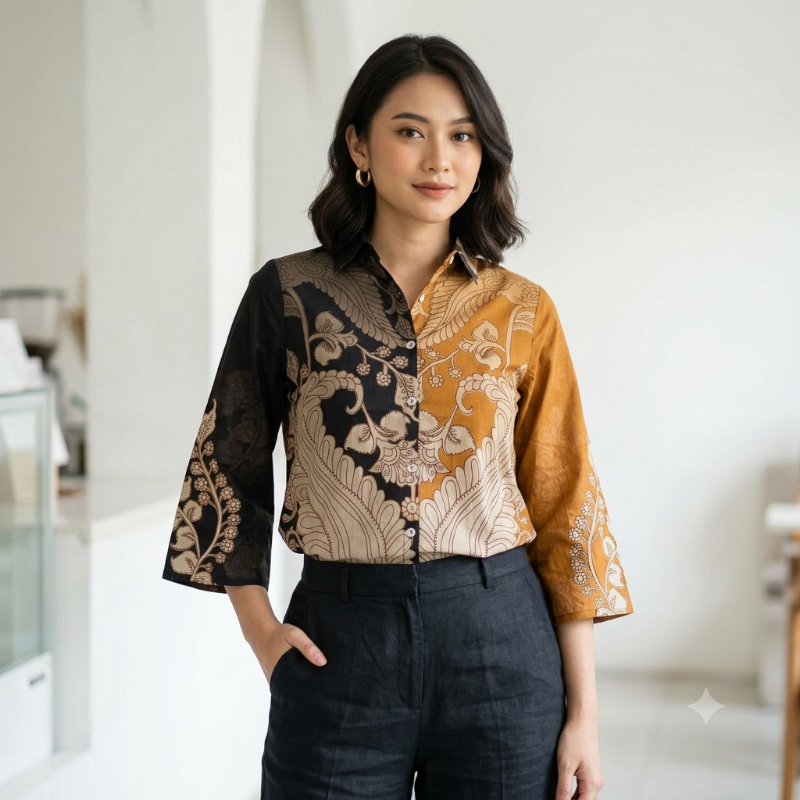 Earthy Split-Tone Botanical Crepe Top