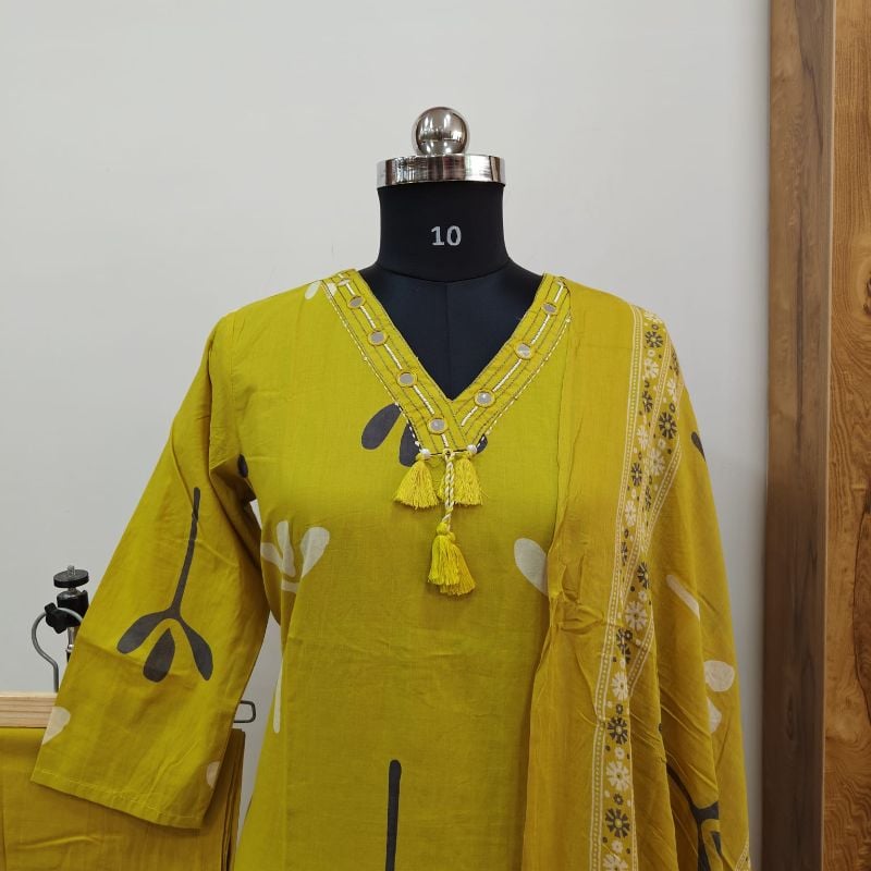 vibrant mustard-yellow 3-piece Indian ethnic suit set
