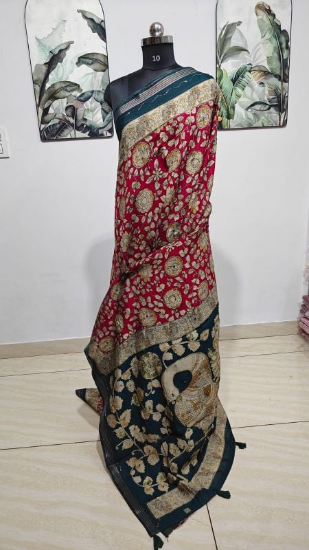 Kalamkari Viscose Crimson Red & Deep Peacock Green  Cotton Sarees