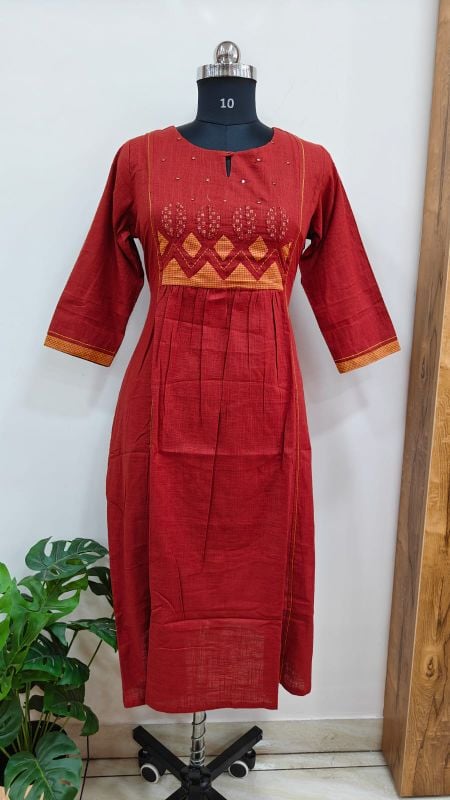 Anvita brand Rust Red Yoke-Embroidered Gathered Kurti