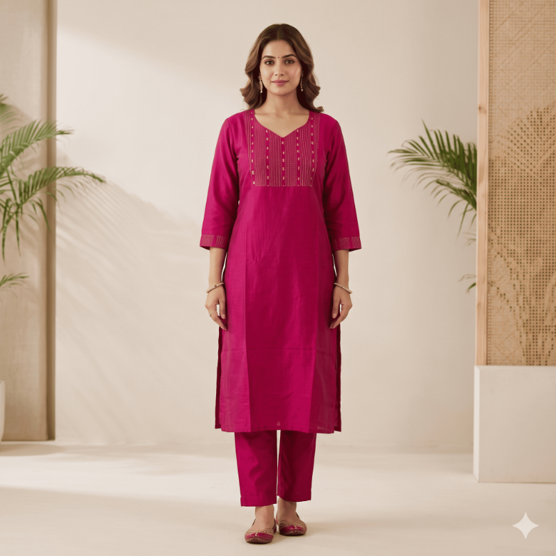 Magenta Embroidered Art Silk Kurta & Pants Set