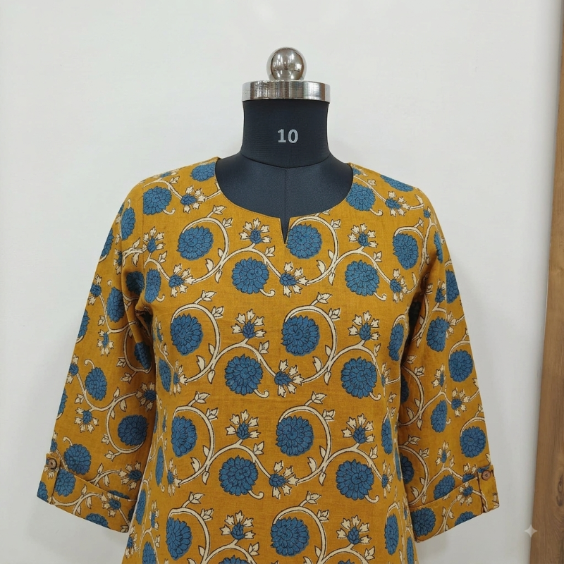 Floral Printed Yellow Short Kurti / Top