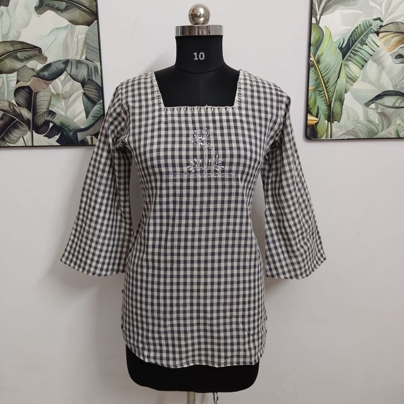 Black & Off-White Checkered Embroidered Square-Neck Short Kurti