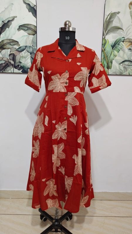 Anvita Rust orange with Cream Print Floral Shirt-Style Maxi Dress
