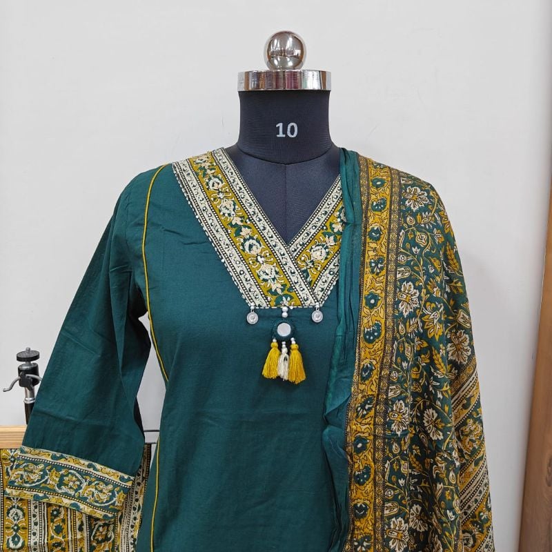 Bottle Green Kalamkari Block Print 3-Piece Kurta Set
