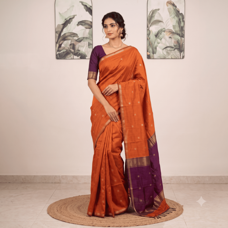 Semi Maheshwari Cotton Saree – Orange & Purple