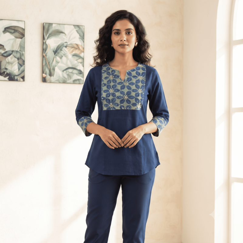 Navy Blue Handcrafted Floral Yoke Cotton short Top