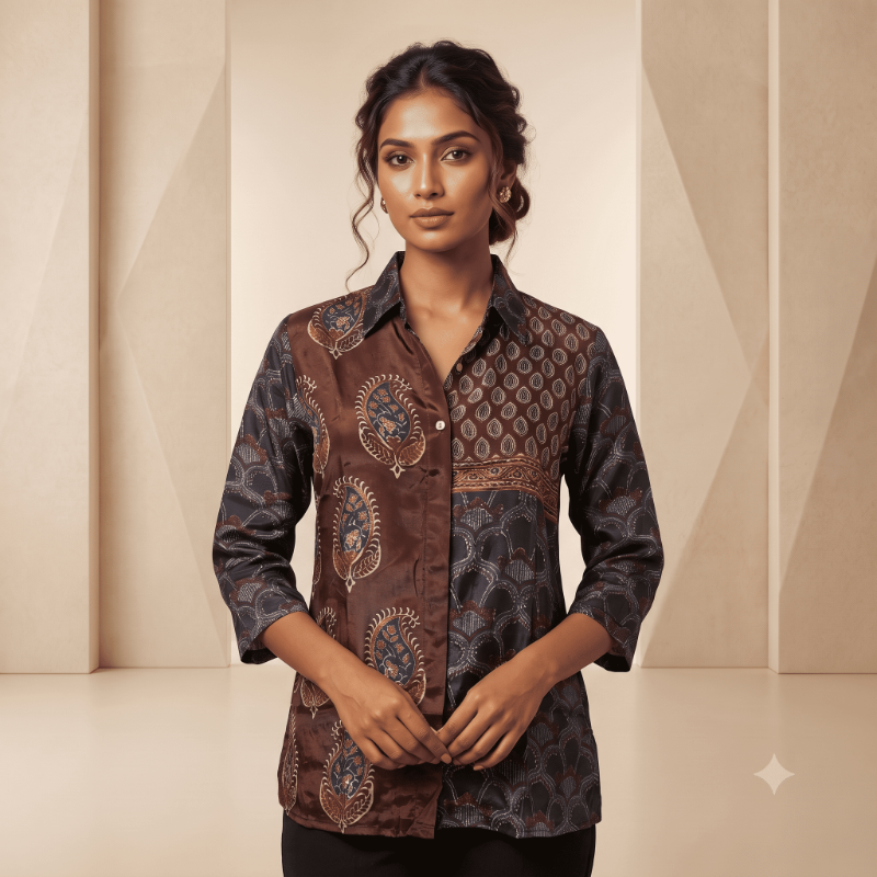 Maroon & Indigo Patchwork Print Short Shirt Tunic / Top