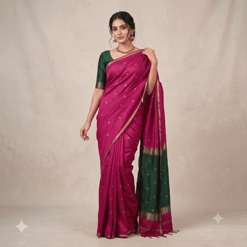 Semi Maheshwari Cotton Saree –  Magenta Pink & Bottle Green