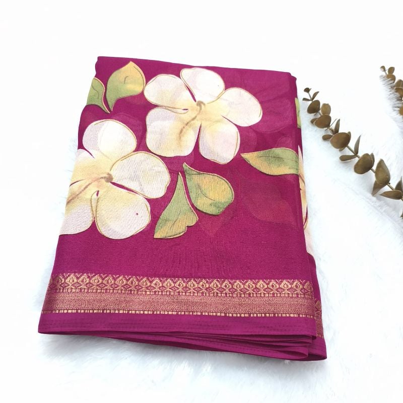 Magenta Pink Floral Chiffon Saree with Zari Border