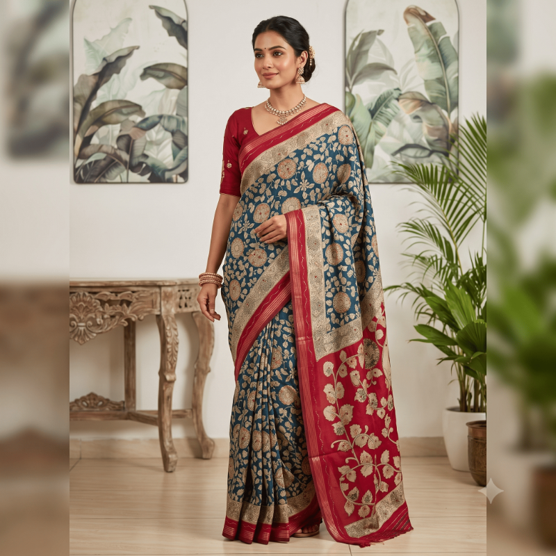 Kalamkari Viscose Teal Blue Cotton Sarees