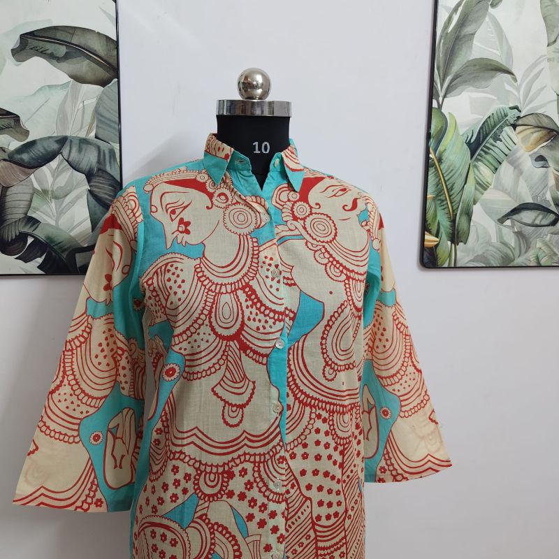 Artistic Kalamkari Print Turquoise Crepe Top